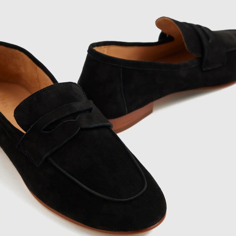 NIB Quince Italian Suede Penny Loafer, black, sz 7